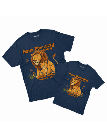 Zestaw koszulka męska + koszulka dziecięca "Lwy - Nasz pierwszy wspólny dzień taty + Imię" Czarna | 100% Bawełna
