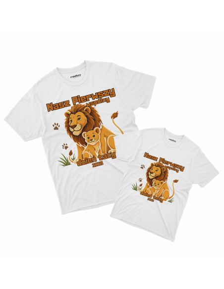 Zestaw koszulka męska + koszulka dziecięca "Lwy - Nasz pierwszy wspólny dzień taty 2025" Czarna | 100% Bawełna