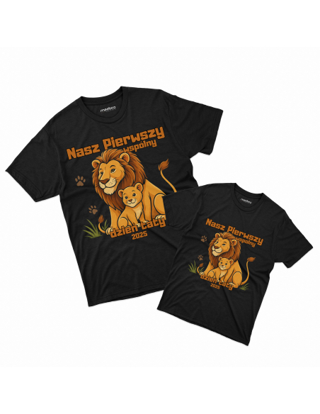Zestaw koszulka męska + koszulka dziecięca "Lwy - Nasz pierwszy wspólny dzień taty 2025" Czarna | 100% Bawełna