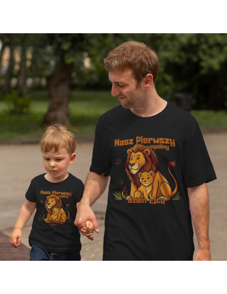 Zestaw koszulka męska + koszulka dziecięca "Lwy - Nasz pierwszy wspólny dzień taty 2025" Czarna | 100% Bawełna