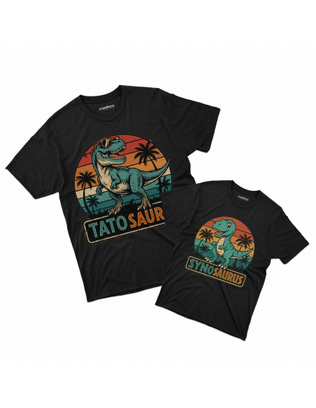 Zestaw koszulka męska + koszulka dziecięca "Tatosaurus i synosaurus" Czarna | 100% Bawełna