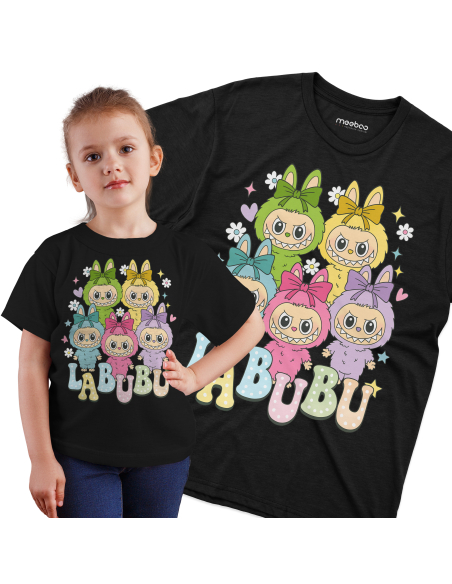 Koszulka Dziecięca "Labubu - Wszystkie kolory" Czarna | 100% Bawełna