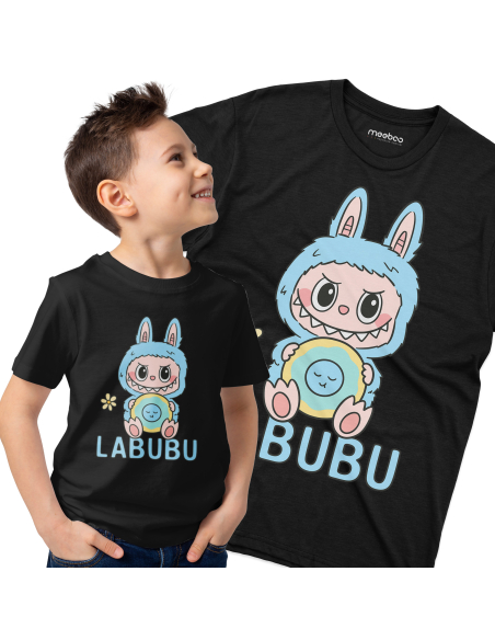 Koszulka Dziecięca "Labubu Niebieskie" Czarna | 100% Bawełna