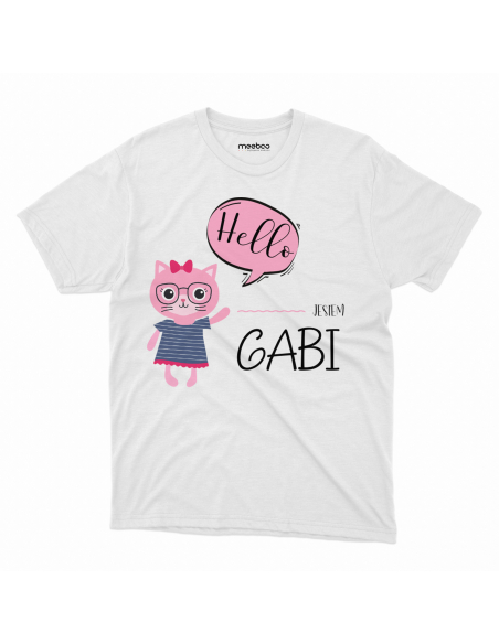 Koszulka Dziecięca "Kotek Hello + Twoje imię" Czarna | 100% Bawełna