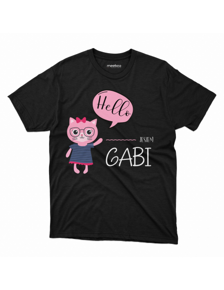 Koszulka Dziecięca "Kotek Hello + Twoje imię" Czarna | 100% Bawełna