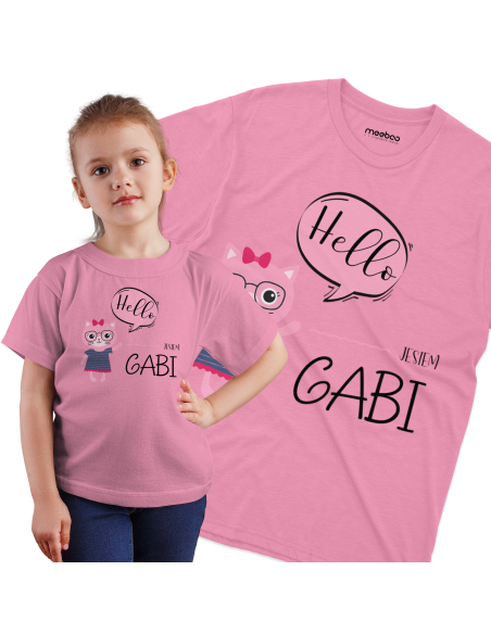 Koszulka Dziecięca "Kotek Hello + Twoje imię" Czarna | 100% Bawełna