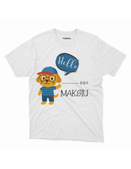 Koszulka Dziecięca "Kotek Hello, jestem... + Twoje imię" Czarna | 100% Bawełna