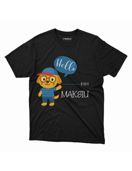 Koszulka Dziecięca "Kotek Hello, jestem... + Twoje imię" Czarna | 100% Bawełna