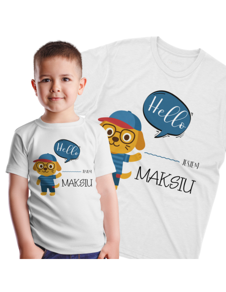 Koszulka Dziecięca "Kotek Hello, jestem... + Twoje imię" Czarna | 100% Bawełna