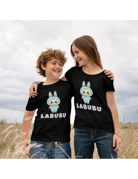 Koszulka Dziecięca "Niebieskie Labubu" Czarna | 100% Bawełna