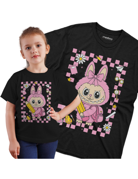 Koszulka Dziecięca "Różowe Labubu do szkoły" Czarna | 100% Bawełna