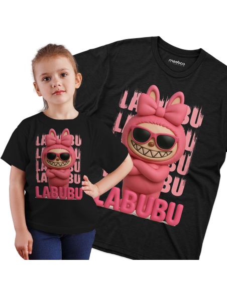 Koszulka Dziecięca "Różowe Labubu 3D" Czarna | 100% Bawełna
