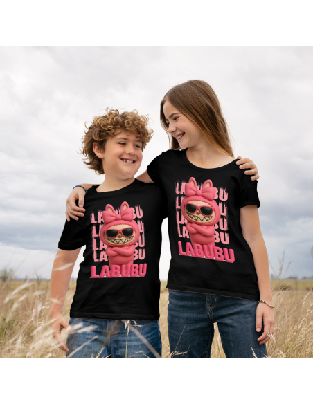Koszulka Dziecięca "Różowe Labubu 3D" Czarna | 100% Bawełna