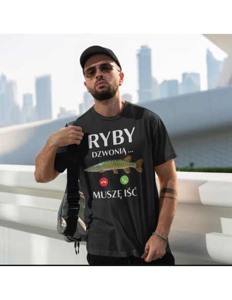 Koszulka Męska "Ryby dzwonią - Musze iść" Czarna | 100% Bawełna