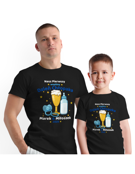 Zestaw koszulka męska + body dziecięce "Nasz pierwszy dzień chłopaka + Imiona" Czarna | 100% Bawełna