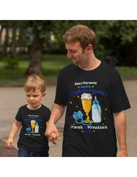 Zestaw koszulka męska + body dziecięce "Nasz pierwszy dzień chłopaka + Imiona" Czarna | 100% Bawełna