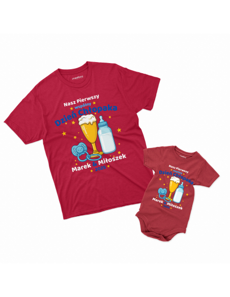 Zestaw koszulka męska + body dziecięce "Nasz pierwszy dzień chłopaka + Imiona" Czarna | 100% Bawełna