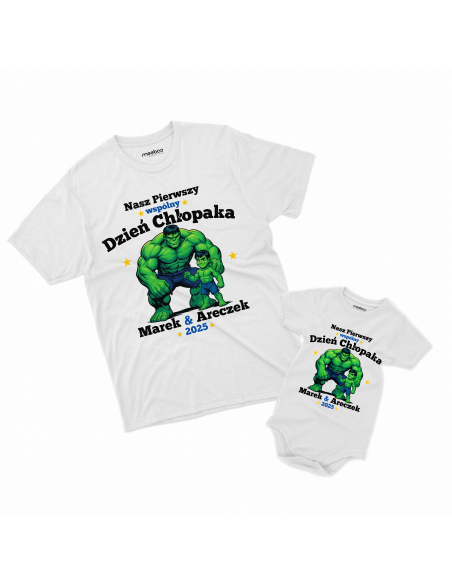 Zestaw koszulka męska + body dziecięce "Nasz pierwszy dzień chłopaka Hulk + Imiona" Czarna | 100% Bawełna