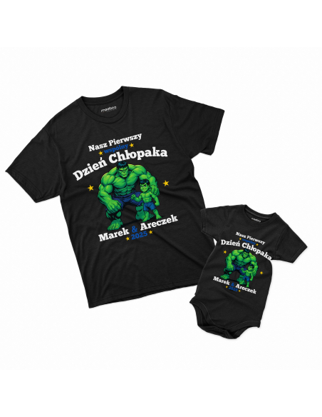 Zestaw koszulka męska + body dziecięce "Nasz pierwszy dzień chłopaka Hulk + Imiona" Czarna | 100% Bawełna