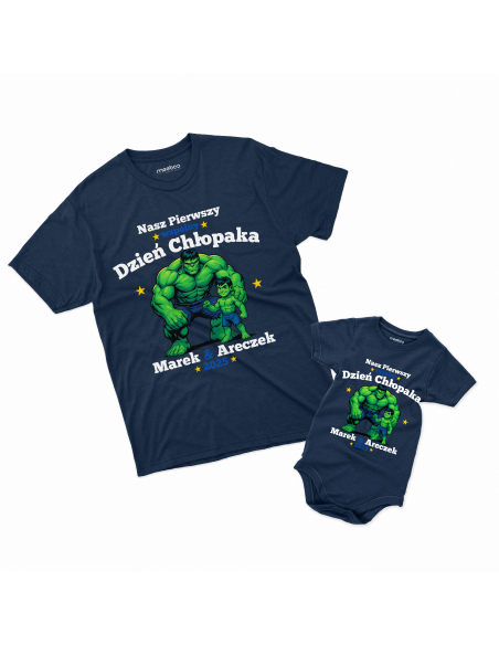Zestaw koszulka męska + body dziecięce "Nasz pierwszy dzień chłopaka Hulk + Imiona" Czarna | 100% Bawełna