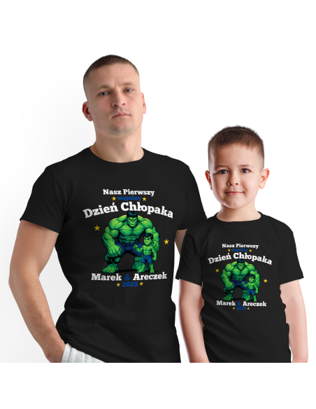 Zestaw koszulka męska + body dziecięce "Nasz pierwszy dzień chłopaka Hulk + Imiona" Czarna | 100% Bawełna