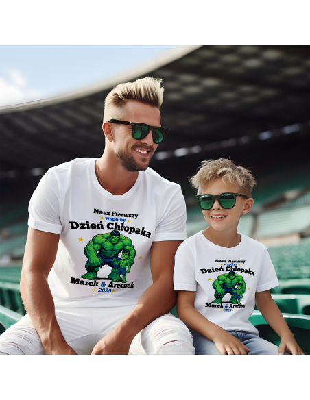 Zestaw koszulka męska + body dziecięce "Nasz pierwszy dzień chłopaka Hulk + Imiona" Czarna | 100% Bawełna