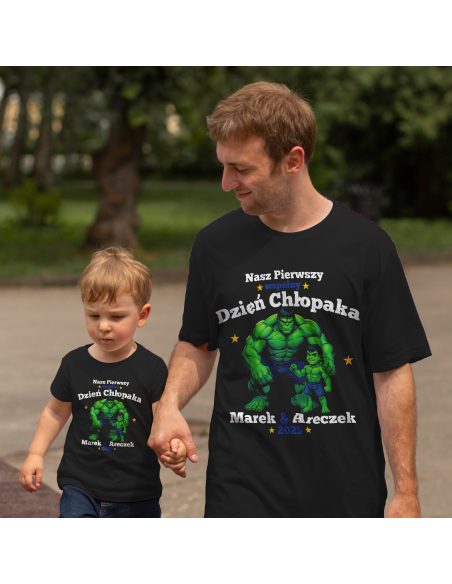 Zestaw koszulka męska + body dziecięce "Nasz pierwszy dzień chłopaka Hulk + Imiona" Czarna | 100% Bawełna