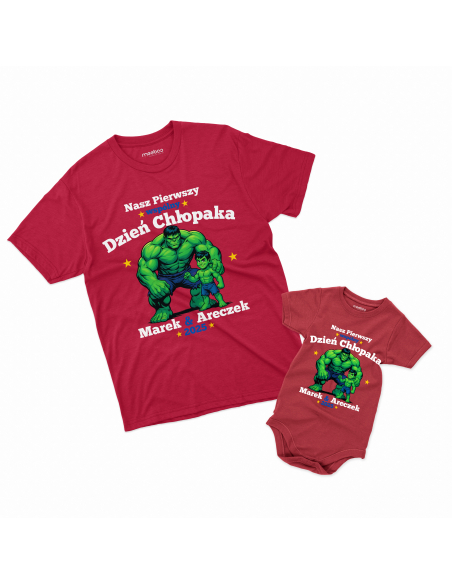 Zestaw koszulka męska + body dziecięce "Nasz pierwszy dzień chłopaka Hulk + Imiona" Czarna | 100% Bawełna