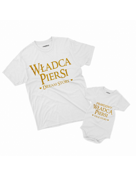 Zestaw koszulka męska + body dziecięce "Władca piersi i prawdziwy władca" Czarna | 100% Bawełna