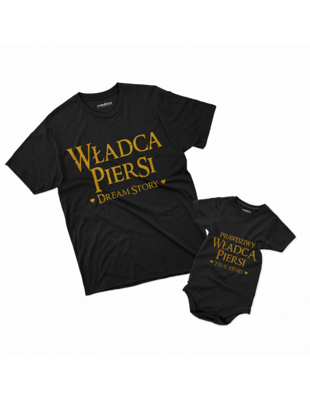 Zestaw koszulka męska + body dziecięce "Władca piersi i prawdziwy władca" Czarna | 100% Bawełna