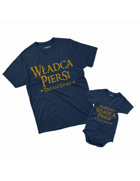 Zestaw koszulka męska + body dziecięce "Władca piersi i prawdziwy władca" Czarna | 100% Bawełna