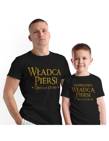 Zestaw koszulka męska + body dziecięce "Władca piersi i prawdziwy władca" Czarna | 100% Bawełna