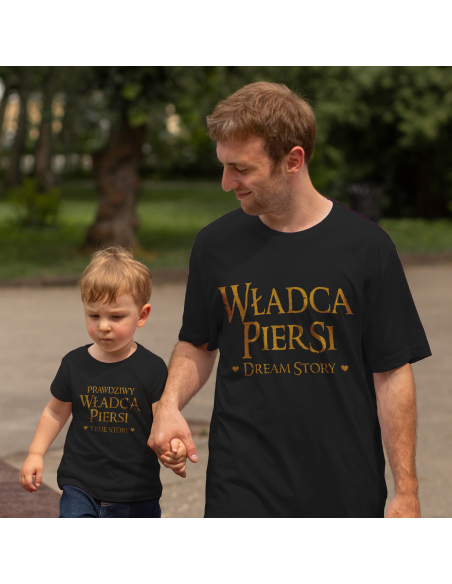 Zestaw koszulka męska + body dziecięce "Władca piersi i prawdziwy władca" Czarna | 100% Bawełna