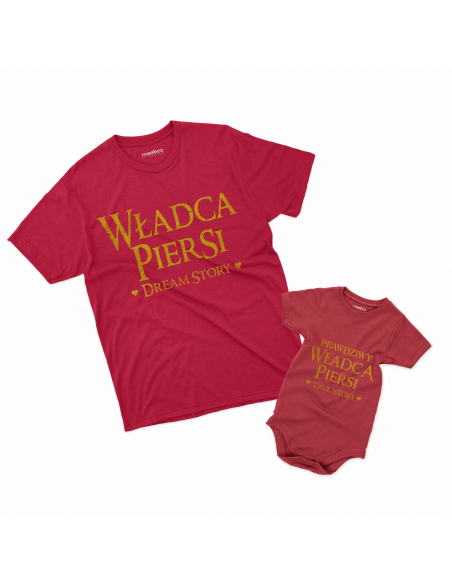 Zestaw koszulka męska + body dziecięce "Władca piersi i prawdziwy władca" Czarna | 100% Bawełna