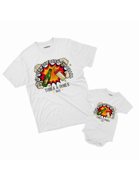 Zestaw koszulka męska + body dziecięce "Nasz pierwszy dzień chłopaka toast + Imiona" Czarna | 100% Bawełna