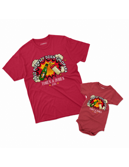 Zestaw koszulka męska + body dziecięce "Nasz pierwszy dzień chłopaka toast + Imiona" Czarna | 100% Bawełna