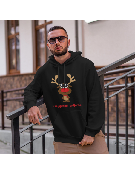 Bluza Męska świąteczna "Przygarnij reniferka" Czarna | 100% Bawełna