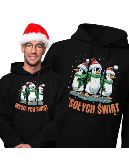 Bluza Męska świąteczna "Wesołych świąt - pingwiny" Czarna | 100% Bawełna