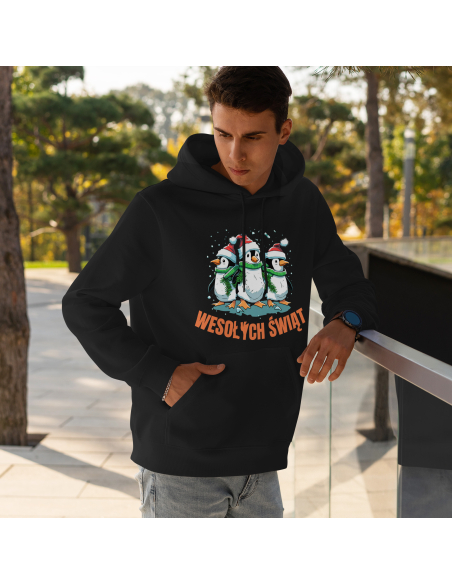 Bluza Męska świąteczna "Wesołych świąt - pingwiny" Czarna | 100% Bawełna
