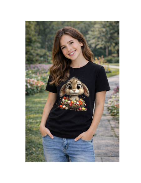 Koszulka Damska Wielkanocna Królik z Pisankami Cute T-Shirt