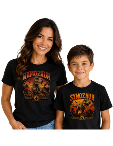 Zestaw Koszulka Damska + Dziecięca - Mamozaur + Synozaur Vintage Retro