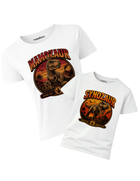 Zestaw Koszulka Damska + Dziecięca - Mamozaur + Synozaur Vintage Retro
