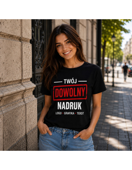 Koszulka Damska - Dowolny Nadruk Tekst Logo Grafika Fuksja