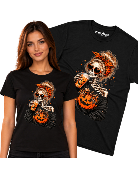 Koszulka Damska na Halloween - Szkielet Pijący Kawę