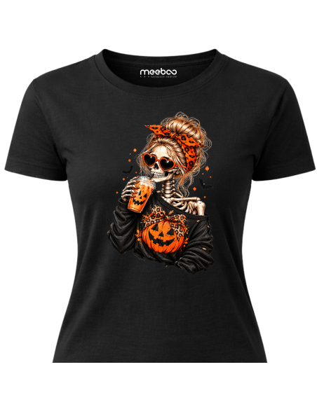 Koszulka Damska na Halloween - Szkielet Pijący Kawę