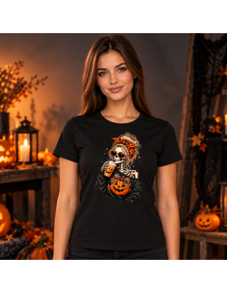 Koszulka Damska na Halloween - Szkielet Pijący Kawę