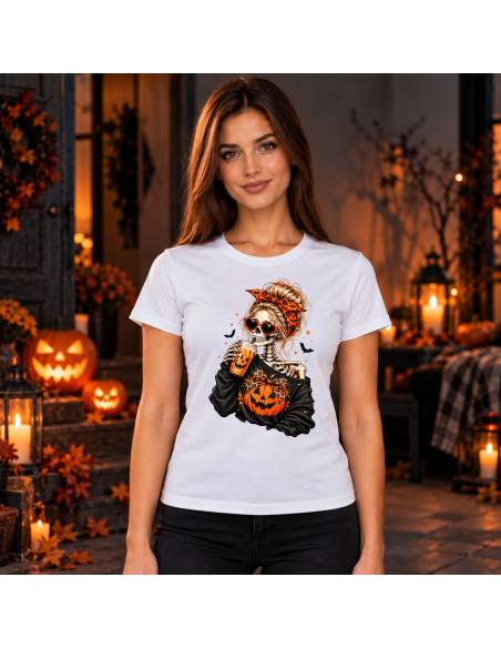 Koszulka Damska na Halloween - Szkielet Pijący Kawę