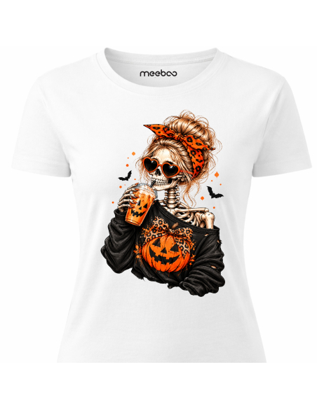 Koszulka Damska na Halloween - Szkielet Pijący Kawę