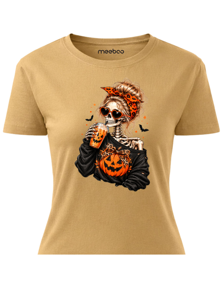 Koszulka Damska na Halloween - Szkielet Pijący Kawę