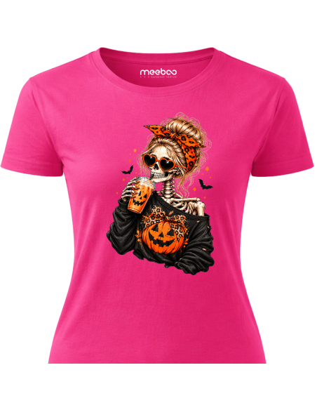 Koszulka Damska na Halloween - Szkielet Pijący Kawę